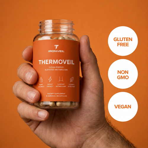 Man holding IRONVEIL ThermoVeil bottle